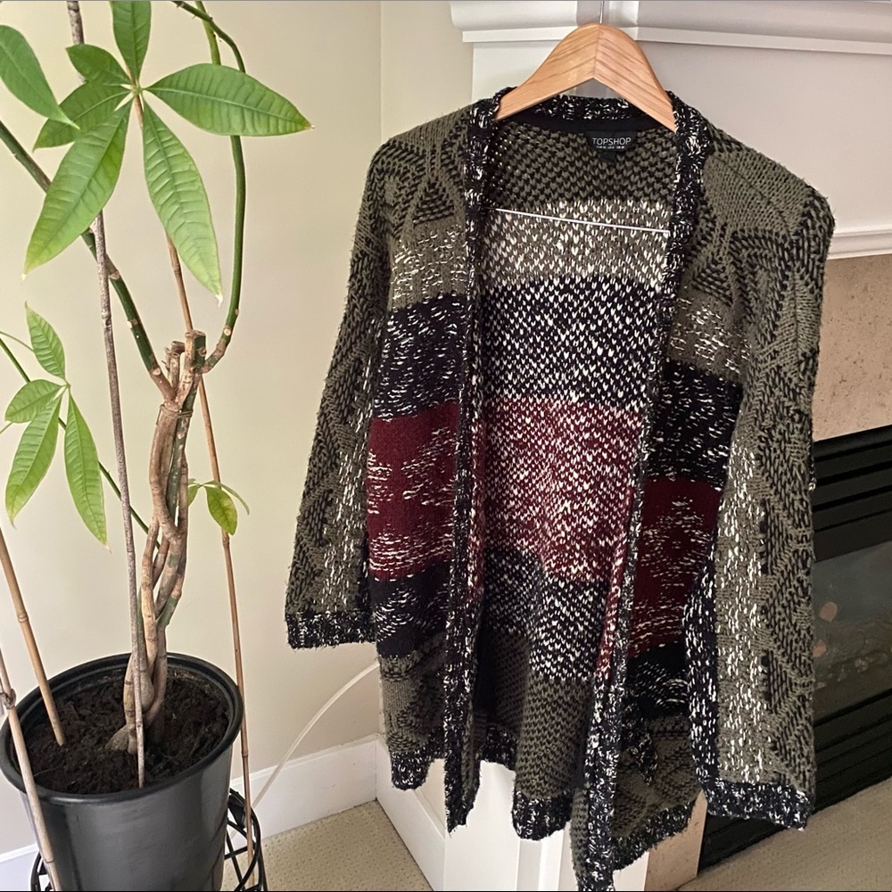 TOPSHOP Green Multicolor Knit Open Cardigan